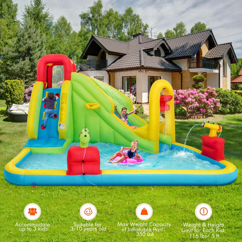 7-in-1 Kids Long Slide Water Park Inflatable Bounce House with Climbing Wall, Splash Pool, Basketball Rim, Water Cannons