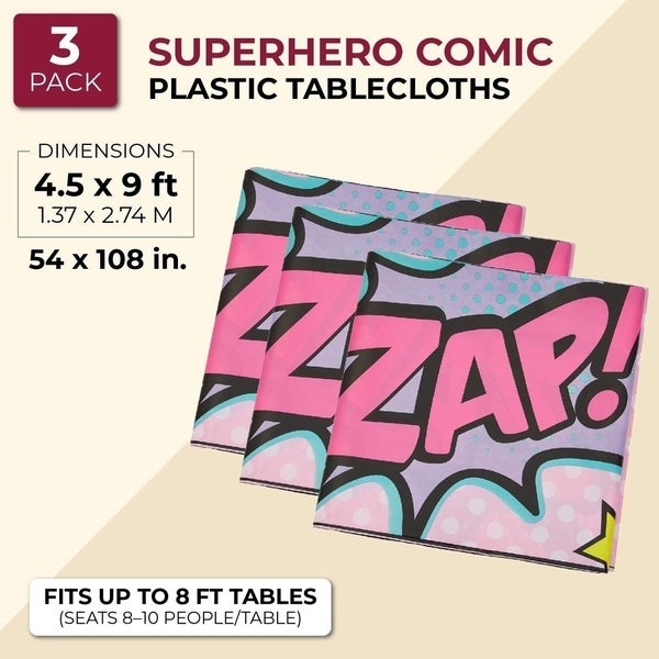 3 Pack Girl Superhero Comic Book Party Tablecloth Table Cover， 54 x 108