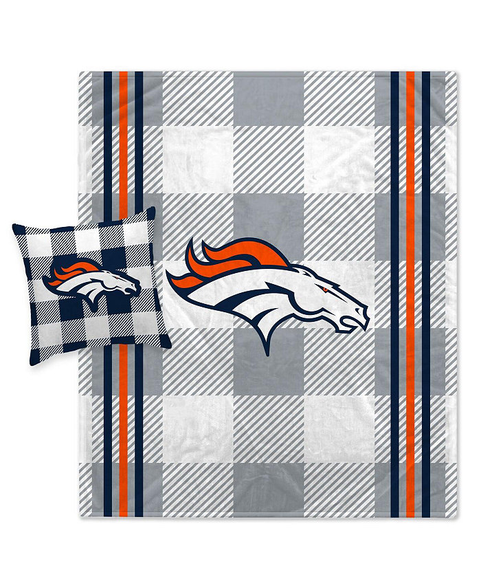 Pegasus Home Fashions Denver Broncos Gray Plaid Stripes Blanket and Pillow Combo Set