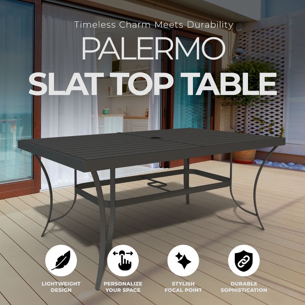 Four Seasons Courtyard Palermo Slat Top Table With Aluminum And Powder Coated Frame And Umbrella Hole For Outdoor Dining Tables Gray