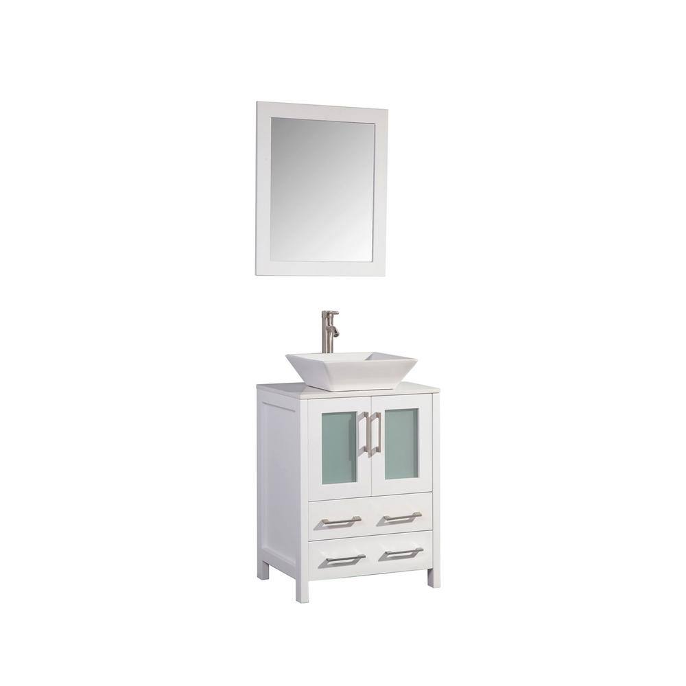 Vanity Art Ravenna 24 in. W Bathroom Vanity in White with Single Basin in White Engineered Marble Top and Mirror VA3124-W