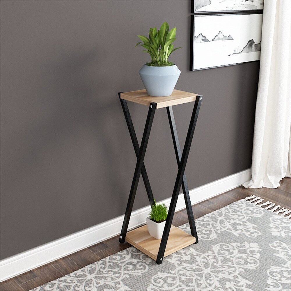 2 Tier Wood Metal Plant Stand Flower Pot Holder Rack Display Shelf