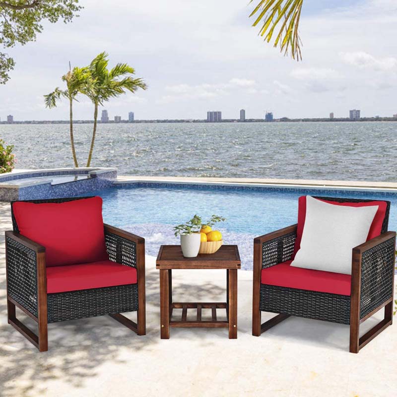 3 Pcs Rattan Patio Furniture Sofa Set Outdoor Conversation Bistro Set with Acacia Wooden Frame & Cushions