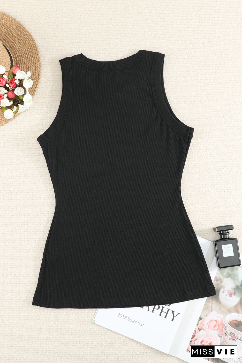 Solid Black Round Neck Ribbed Tank Top