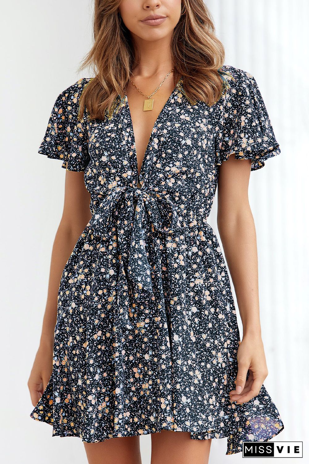 Blue Floral Print Tie Knot Ruffled Short Sleeve Mini Dress