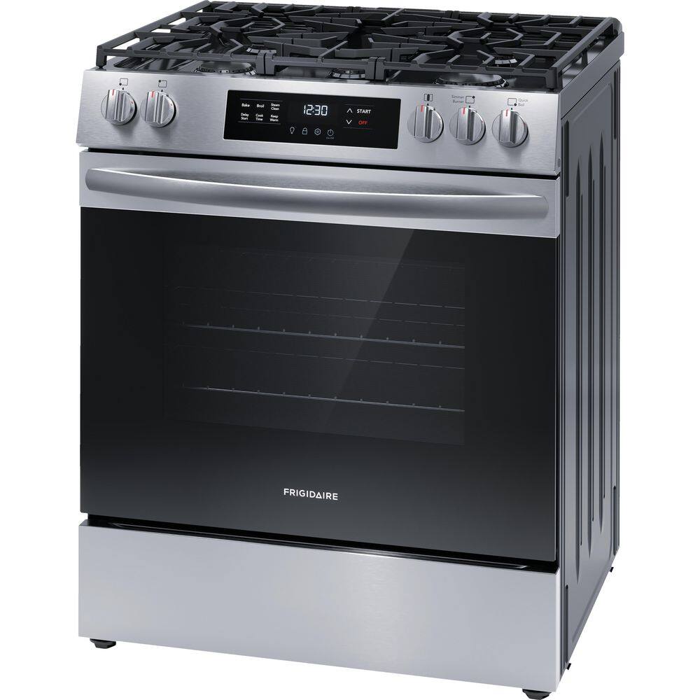 Frigidaire 30 in. 5 Burner Front Control Gas Range with Steam Clean in Stainless Steel FCFG3062AS