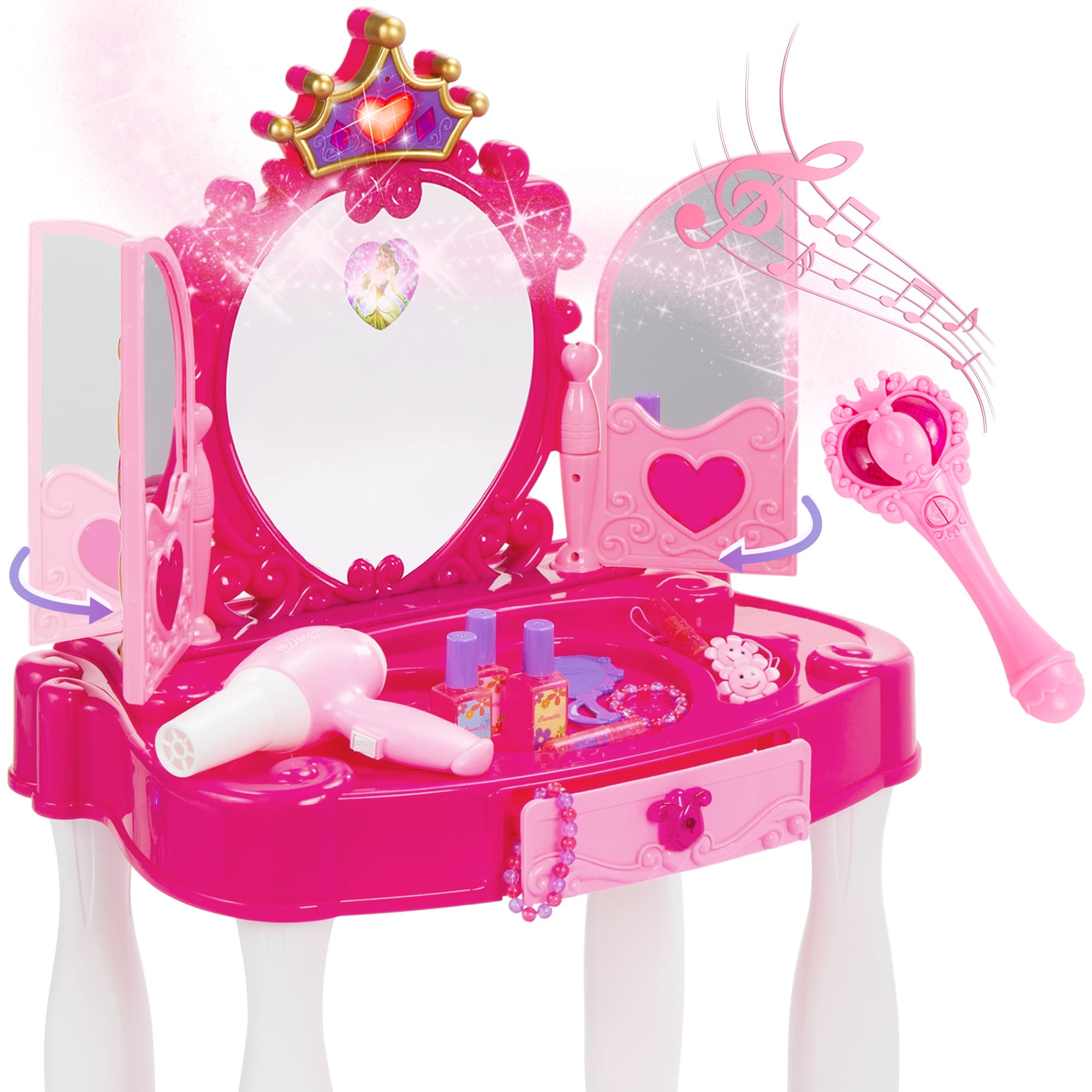 Best Choice Products Kids Vanity Mirror Set Girl Pretend Play Toy w/ Magic Wand Remote， Hairdryer， Stool and Accessories