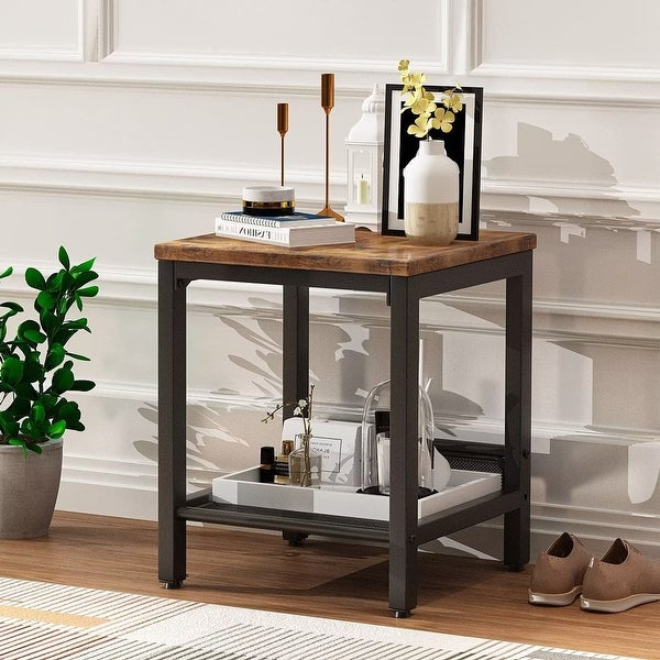 Industrial Side Table， 2-Tier Nightstand with Mesh Storage Shelf， Sofa Couch End Table for Living Room， Bedroom