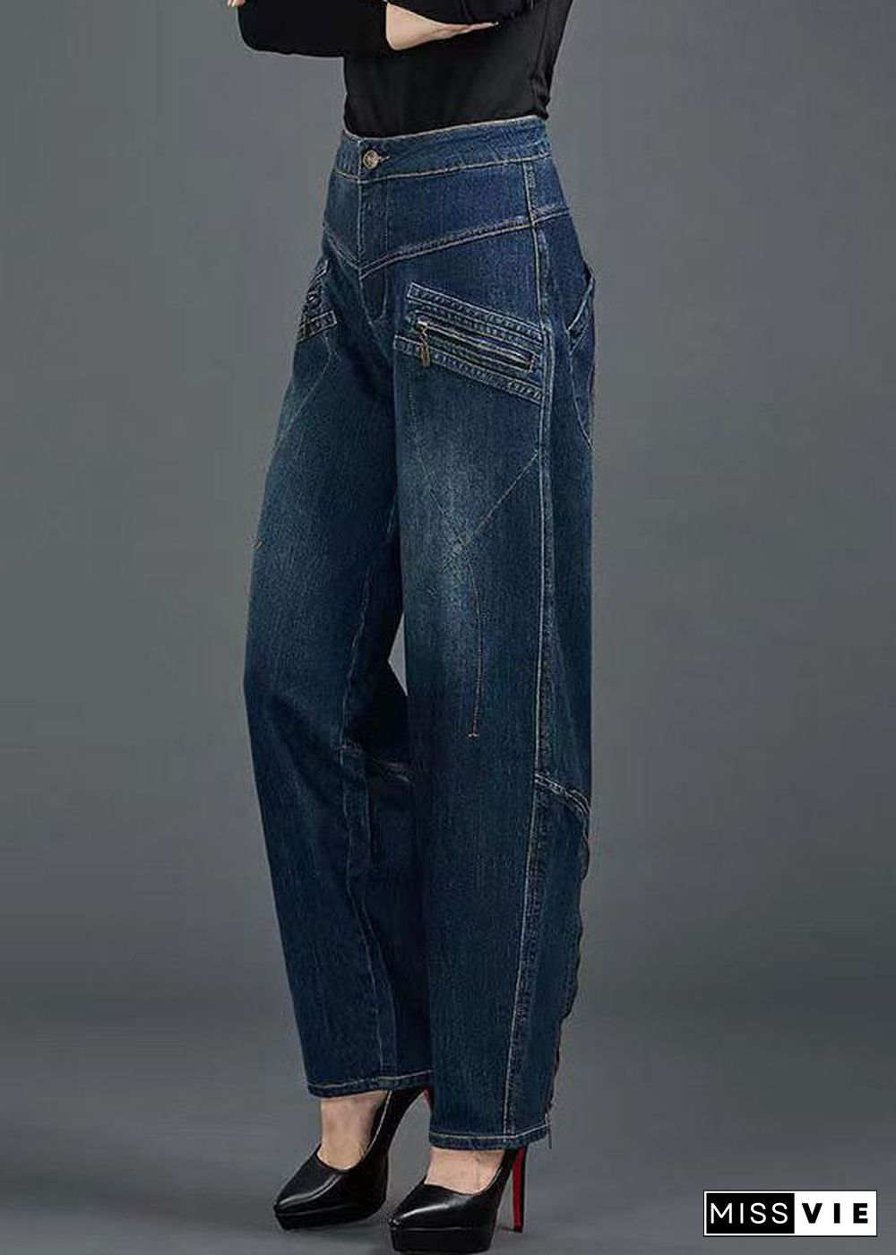 Bohemian Blue High Waist Flatering Zip Up Pockets Cotton Denim Pants Summer