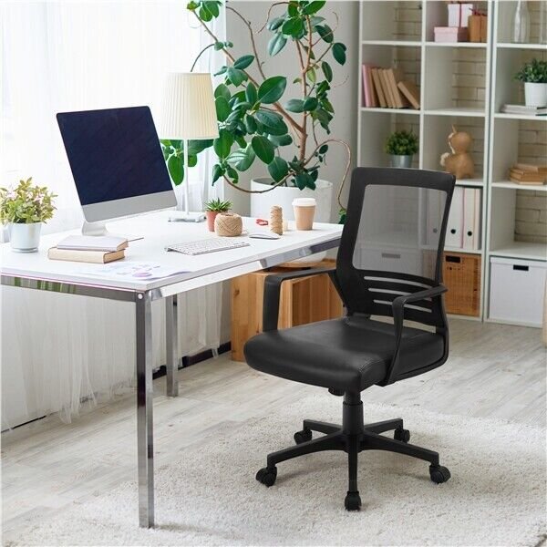 Mesh Office Chair with Leather Seat， Ergonomic Adjustable Computer Chair Black