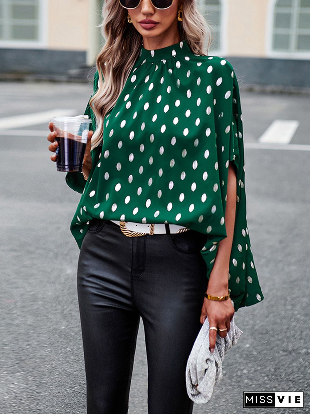 Loose Bandage Polka Dot Round-Neck Blouses&Shirts Tops