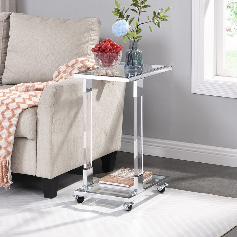 Grondin Modern Contemporary C Shaped Side Table Snack Table with Tempered Glass  Steel and Acrylic Frame  Lockable Casters