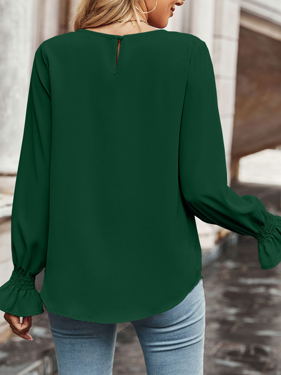 Round Neck Casual Loose Solid Color Long Sleeve Blouse