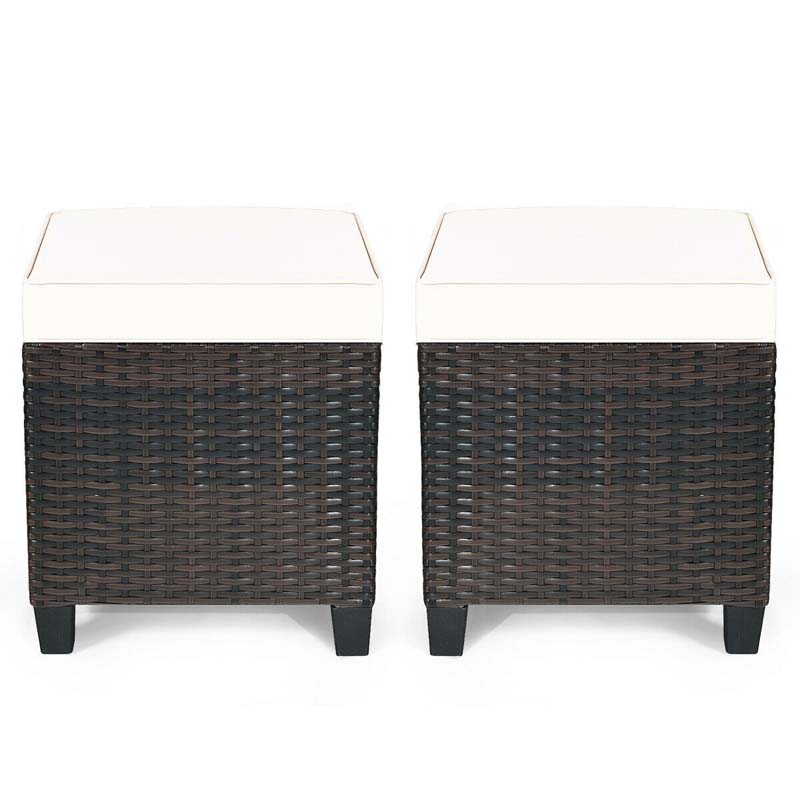 2 Pcs Rattan Patio Ottoman Set with Removable Cushions, All Weather Wicker Outdoor Footstool Footrest Seat