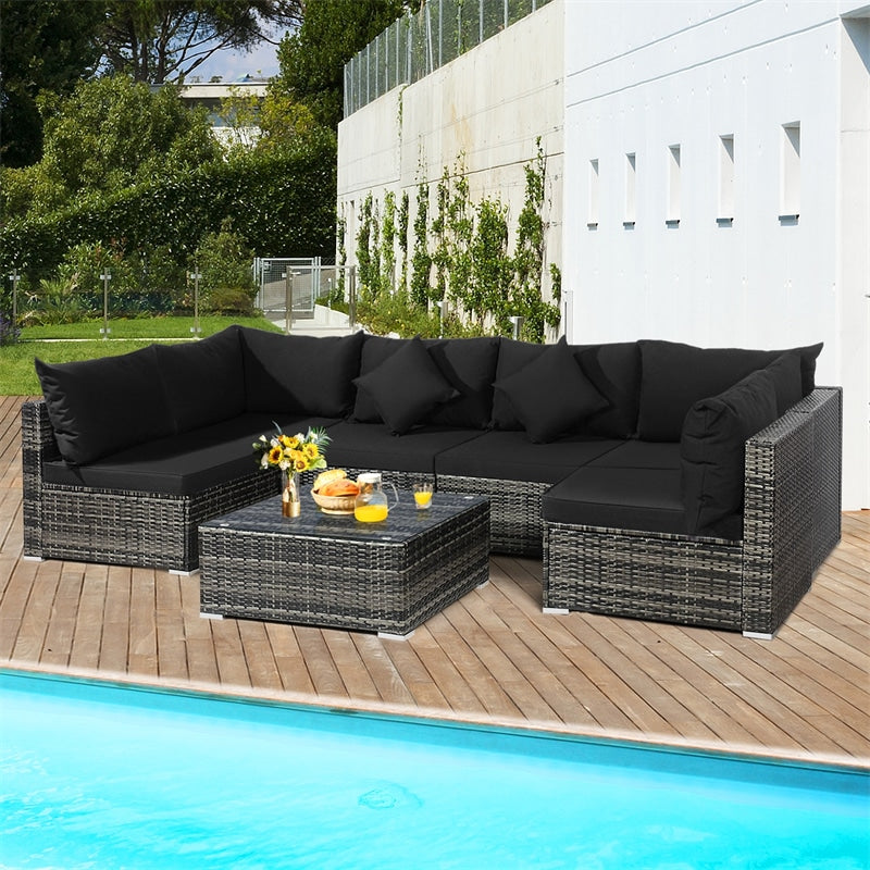 7 Pcs Rattan Patio Sectional Couch Set Outdoor Wicker Furniture Set with Cushions & Coffee Table