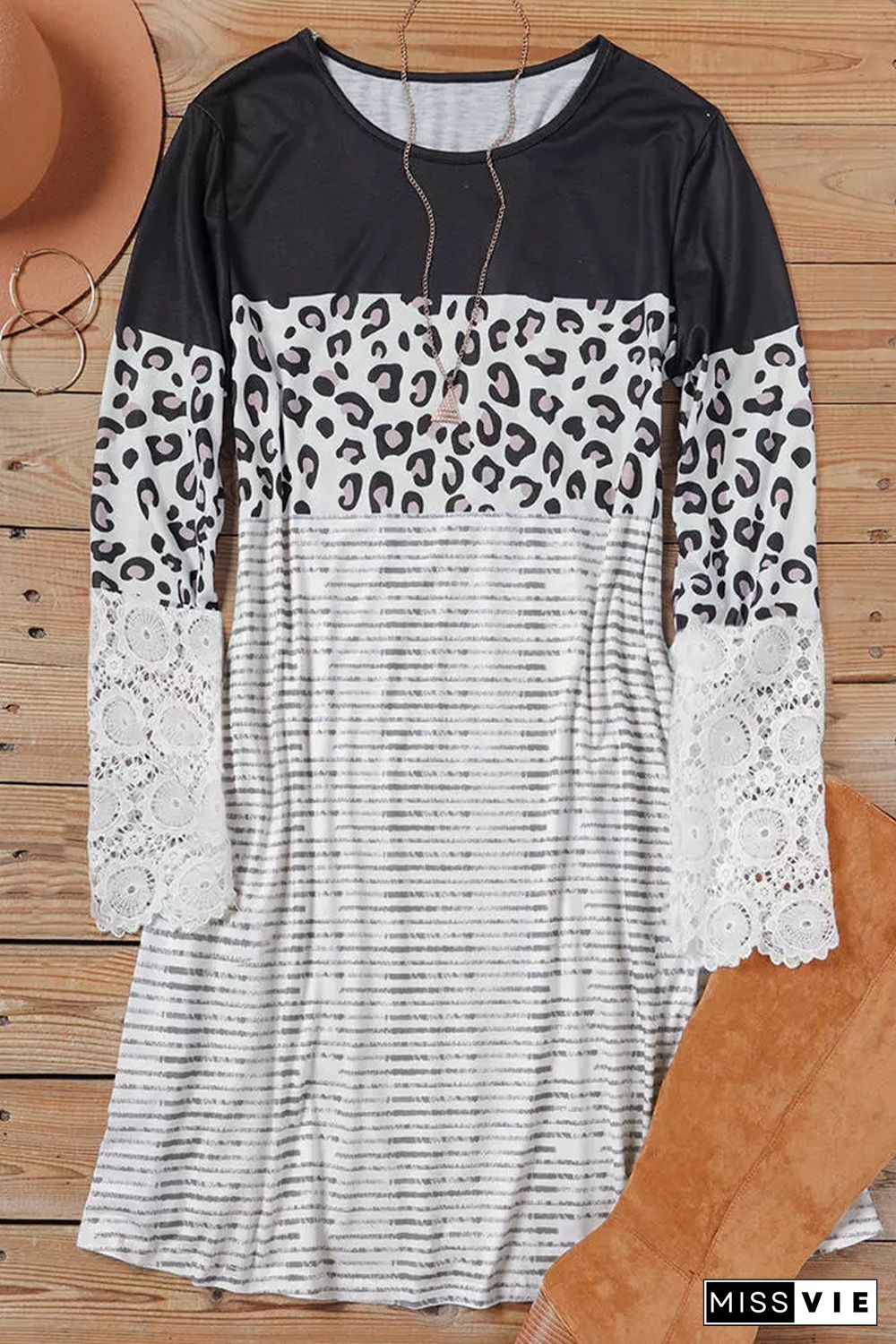 Black Striped Leopard Patchwork Lace T Shirt Dress