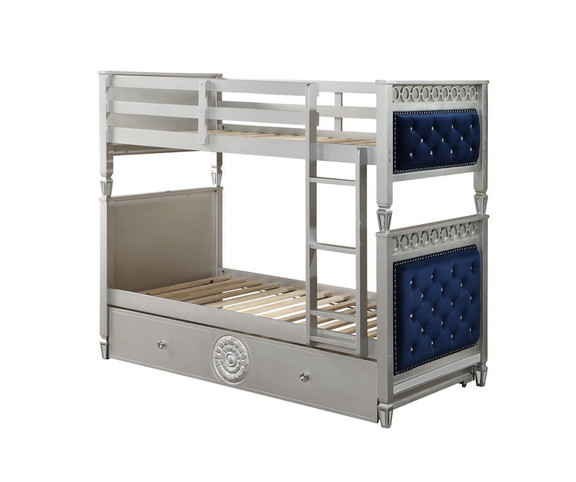 ACME Varian Twin/Twin Bunk Bed  Blue Velvet   Silv...