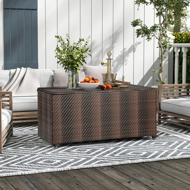 Tangkula 96 Gallon Outdoor Storage Box Pe Wicker Deck Box With 4 Wheels amp Waterproof Liner Patio Rattan Storage Container Mix Brown mix Grey