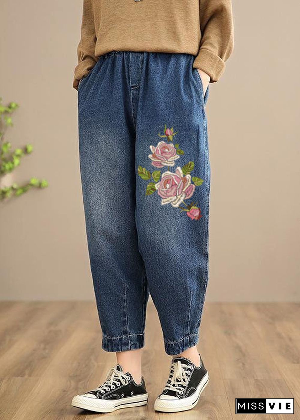 Handmade Spring Casual Pants Oversize Denim Blue-Rose Photography Elastic Waist Trousers