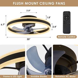 ANTOINE 20 in. Black Low Profile Flush Mount LED with Remote and APP Smart Control Indoor Ceiling Fan with Dimmable Lighting HD-FSD-14