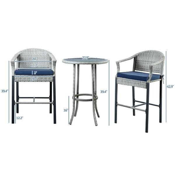 3-Piece Outdoor Wicker Patio Bar Stools with Table Set - Overstock - 35738808