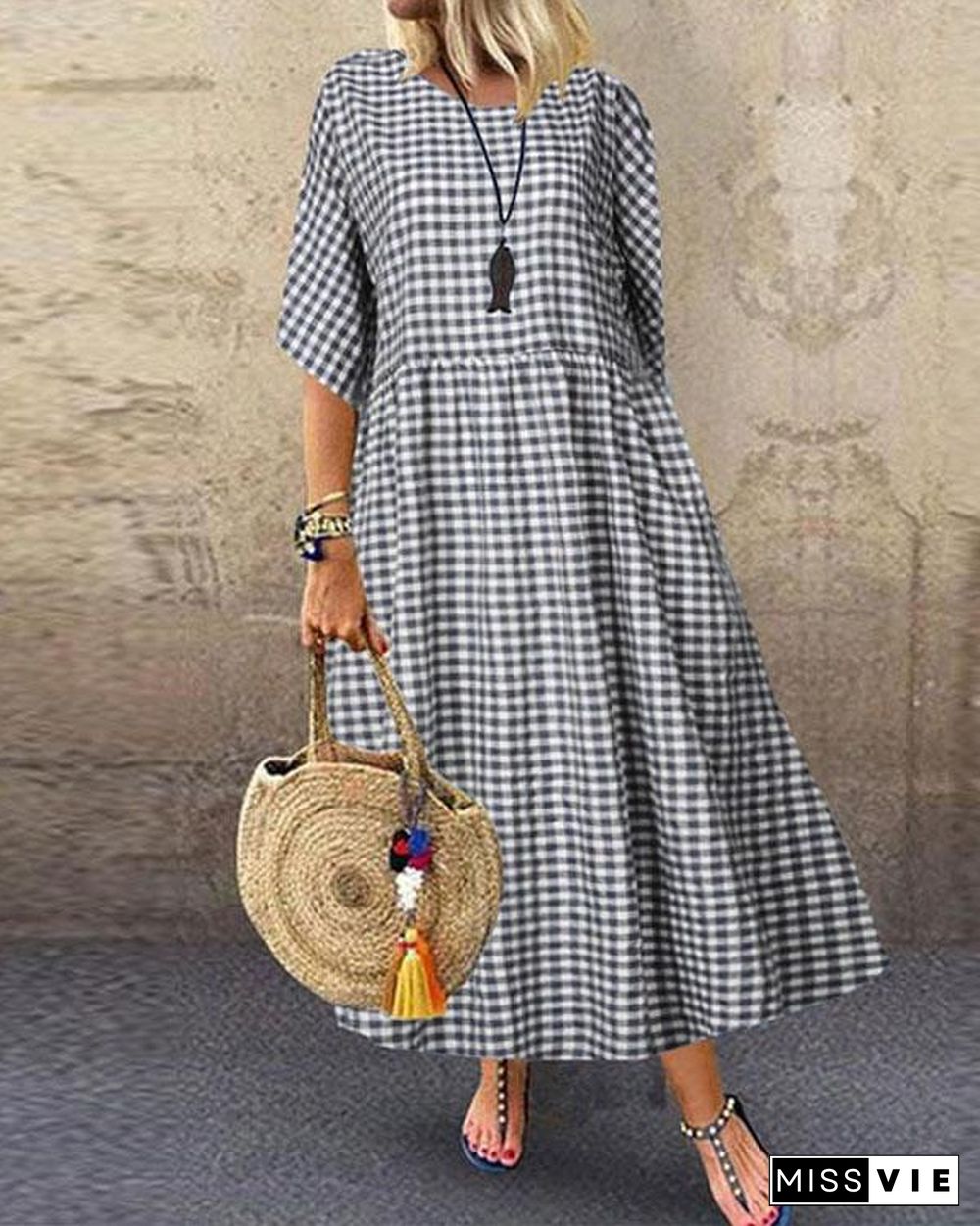 Round Neck Plaid Loose Casual Dress