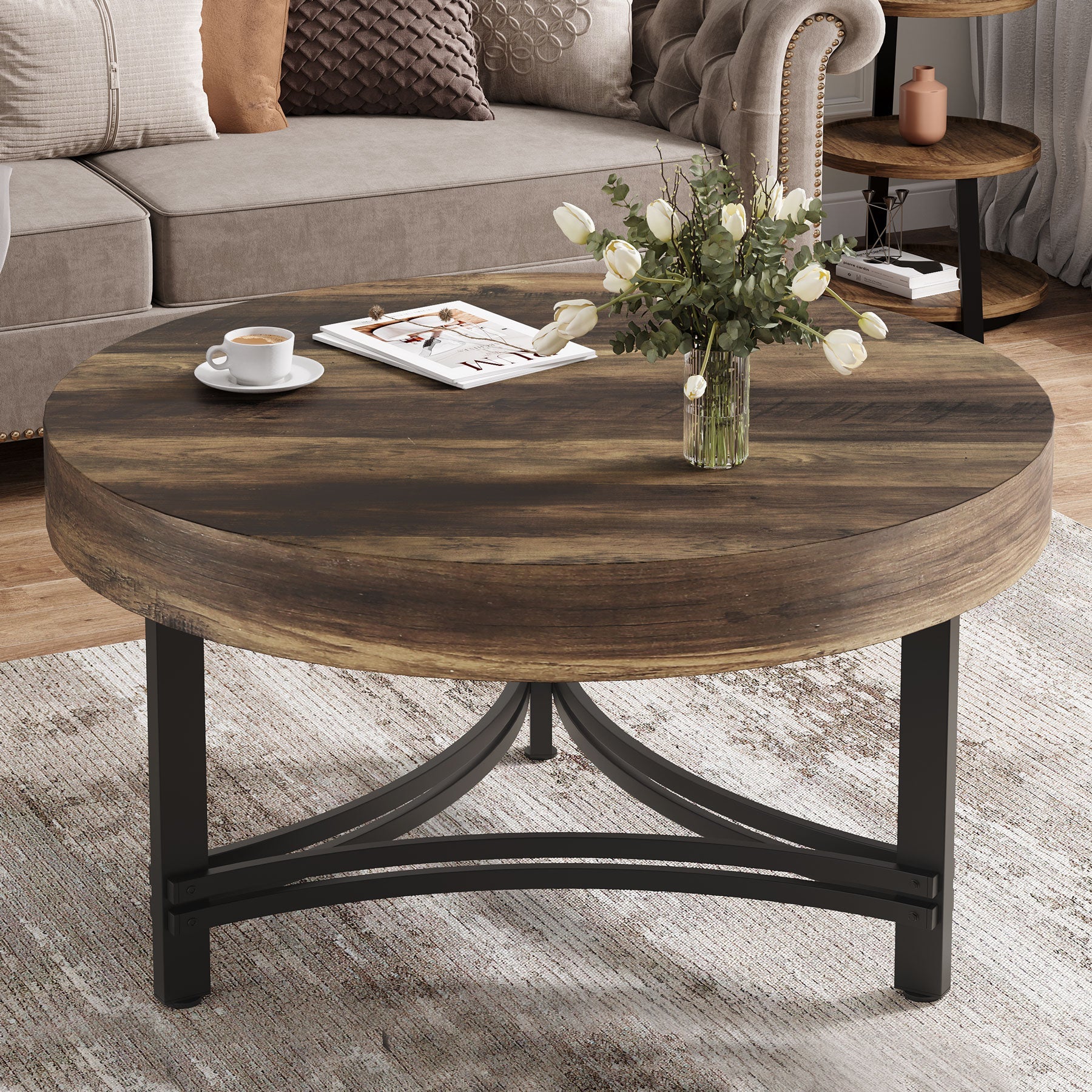 31.5 Wood Coffee Table, Round Rustic Center Table