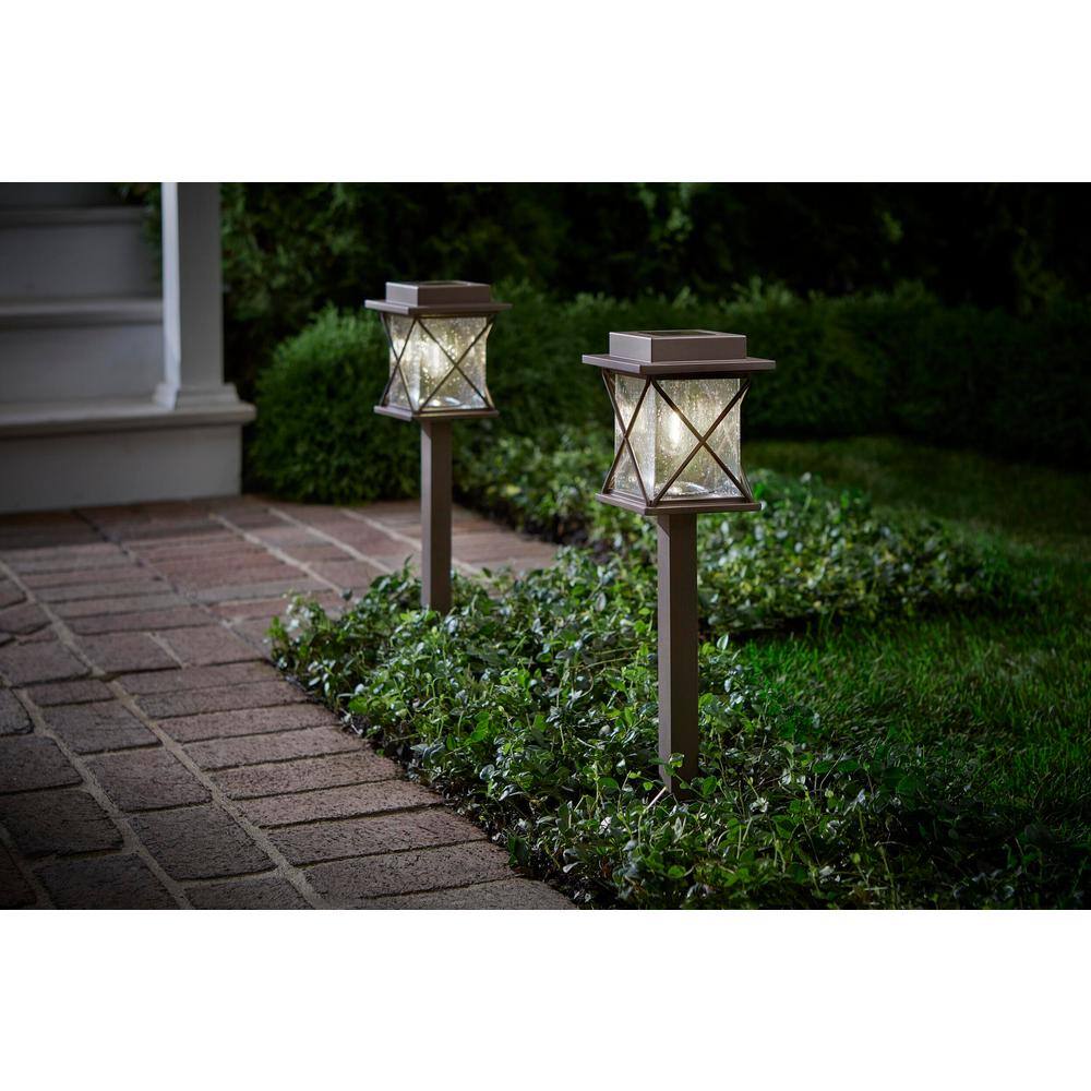 Hampton Bay Orange Hills Solar Bronze LED Path Light 15 Lumens Vintage Bulb Seedy Glass (2-Pack) C6100-01