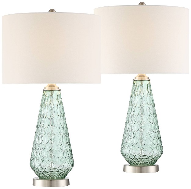 Tall Modern Coastal Table Lamps Set Of 2 Seafoam Green Glass Living Room Bedroom Bedside Nightstand House Off white Shade