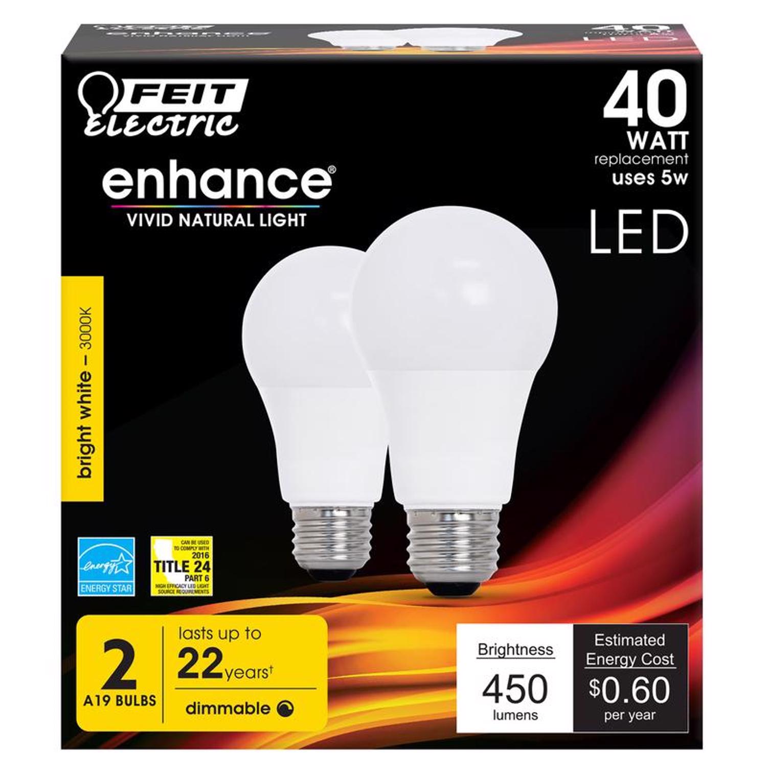 Feit Enhance A19 E26 (Medium) LED Bulb Bright White 40 Watt Equivalence 2 pk