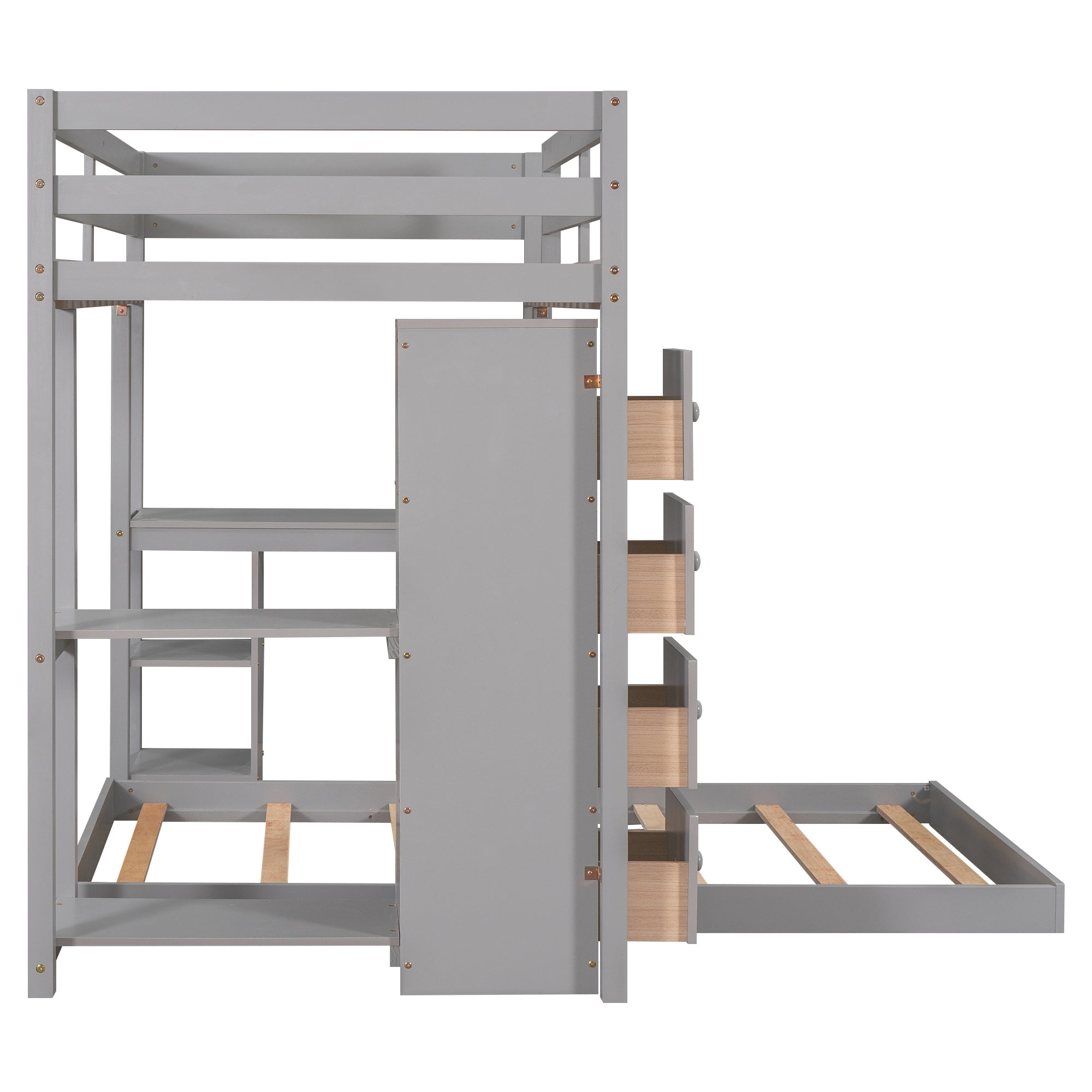 Euroco Twin Over Twin Loft Bed with Four Drawers and Ladder for Kids, Gray