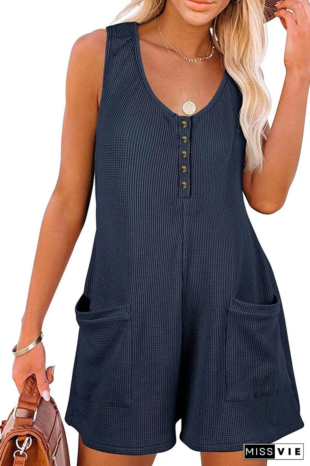 Sleeveless Button Waffle Romper with Pockets