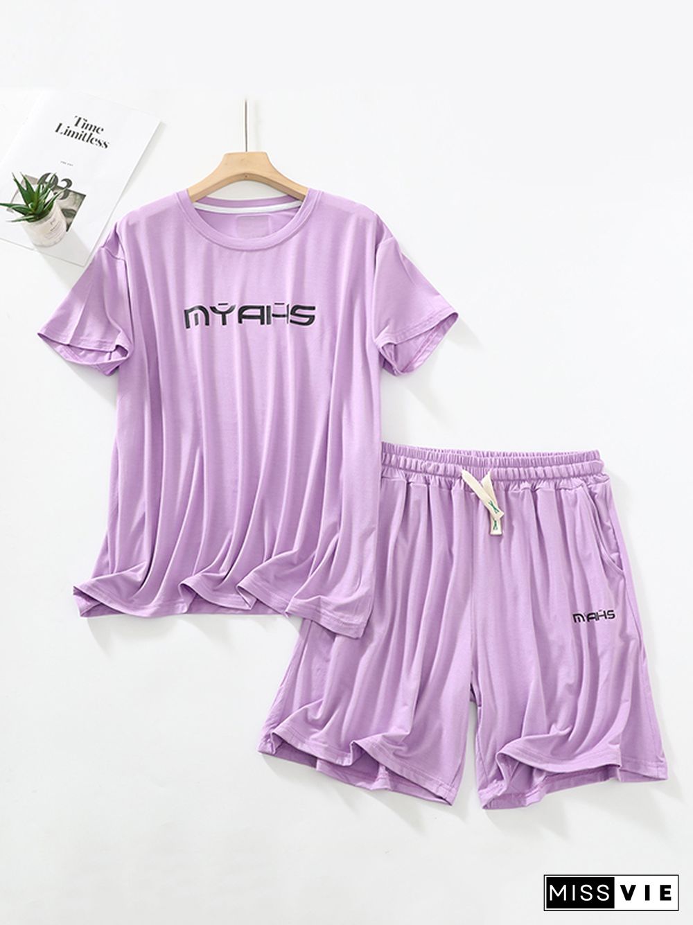 Loose Short Sleeves Round-Neck T-Shirt Top +Drawstring Elasticity Pleated Shorts Pajama Sets