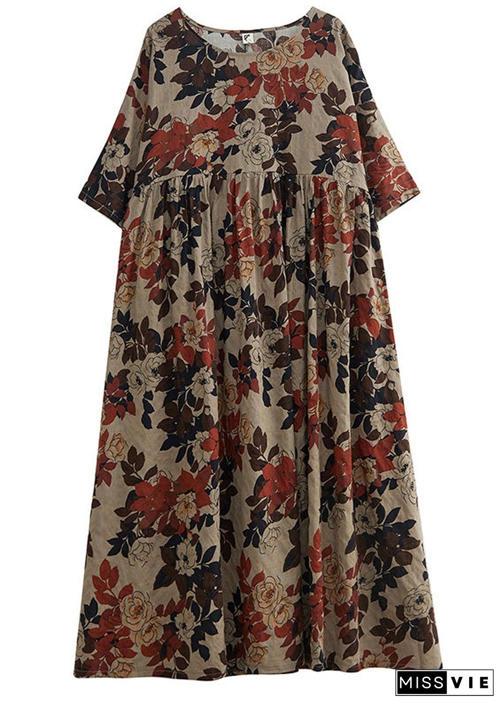 Elegant O-Neck Print Patchwork Long Dresses Short Sleeve