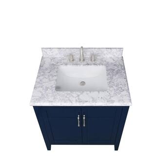 Home Decorators Collection Sturgess 31 in. W x 22 in. D x 35 in. H Bathroom Vanity in Navy Blue with Carrara White Marble Top 19111-VS31-NB