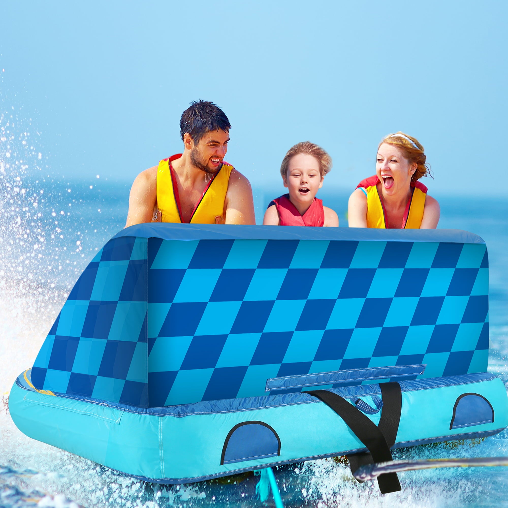 MaxKare Inflatable Towable Tube for Boating with Foam Seats and Multiple Handles， 1-3 Rider  - Blue