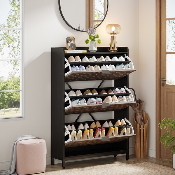 Modern Wood White Shoe Storage Cabinet with 3 Flip Doors，24 Pair Shoe Organizer Cabinet - - 37000096