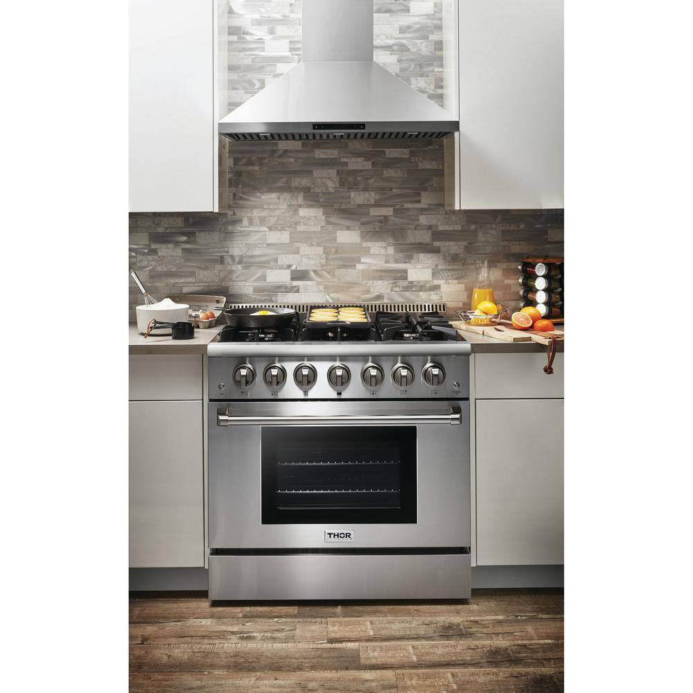 Thor Kitchen 36 in. 5.2 cu. ft. 6 Burner Slide-in Dual Fuel Range with Gas Stove and Electric Oven in Stainless Steel HRD3606U