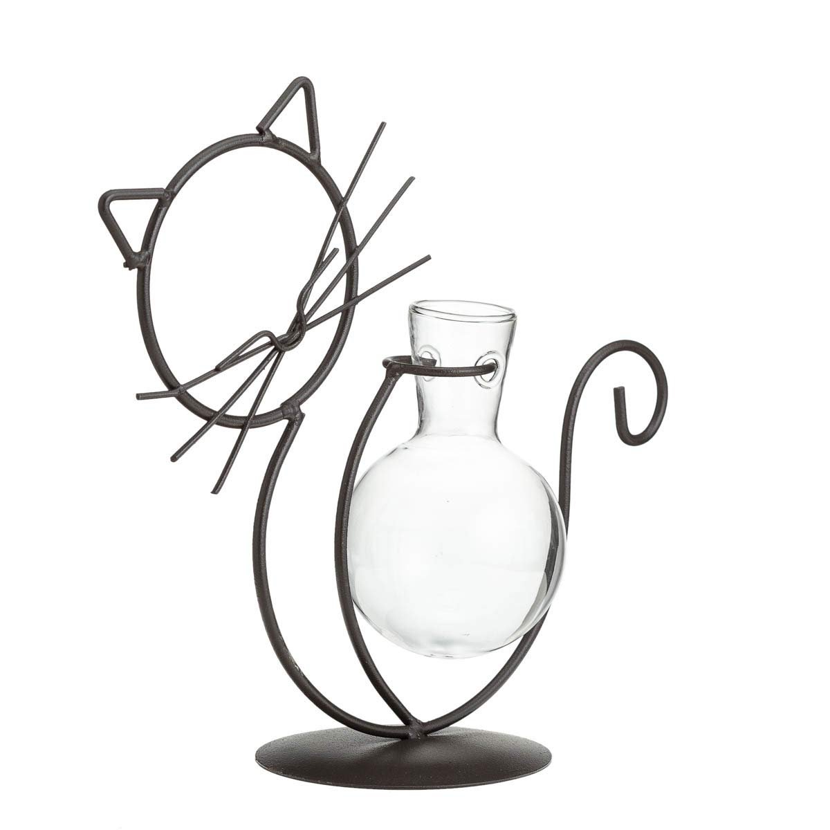 TJ Global Cat Glass Planter Vase Holder, Plant Terrarium, Propagation Station, Metal Stand for Hydroponics Plants Home Garden Wedding Decoration Outdoor Planter Ideas Modern Creative