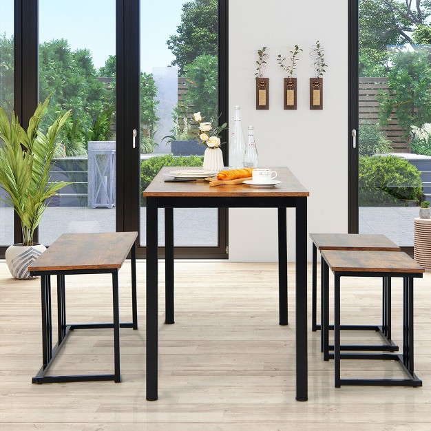 Tangkula 4 piece Dining Table Set Industrial Kitchen Table Set W Bench amp 2 Stools For 4