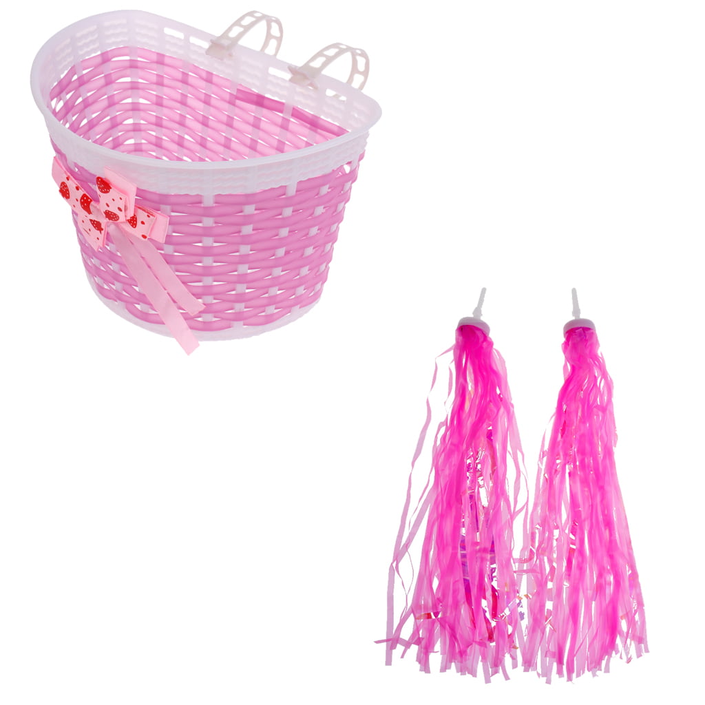 Bike Basket for Kids Front Bike Accessories for Kids Small Woven Wicker Cycling Ages 3-12， Pink