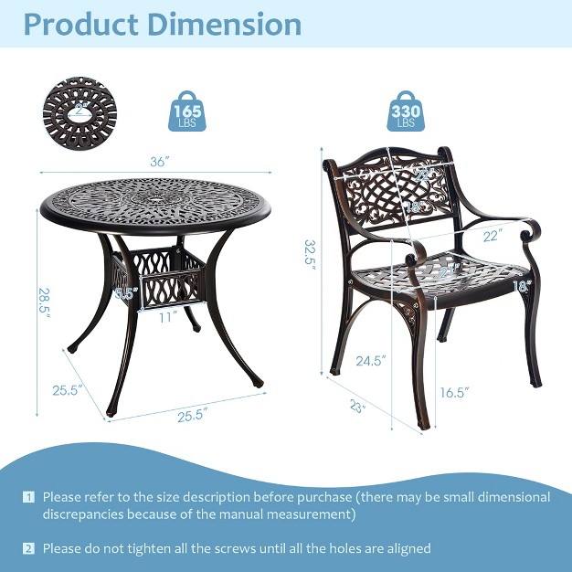 Costway 3 Pcs Patio Dining Bistro Set Cast Aluminum Round Patio Table W chairs