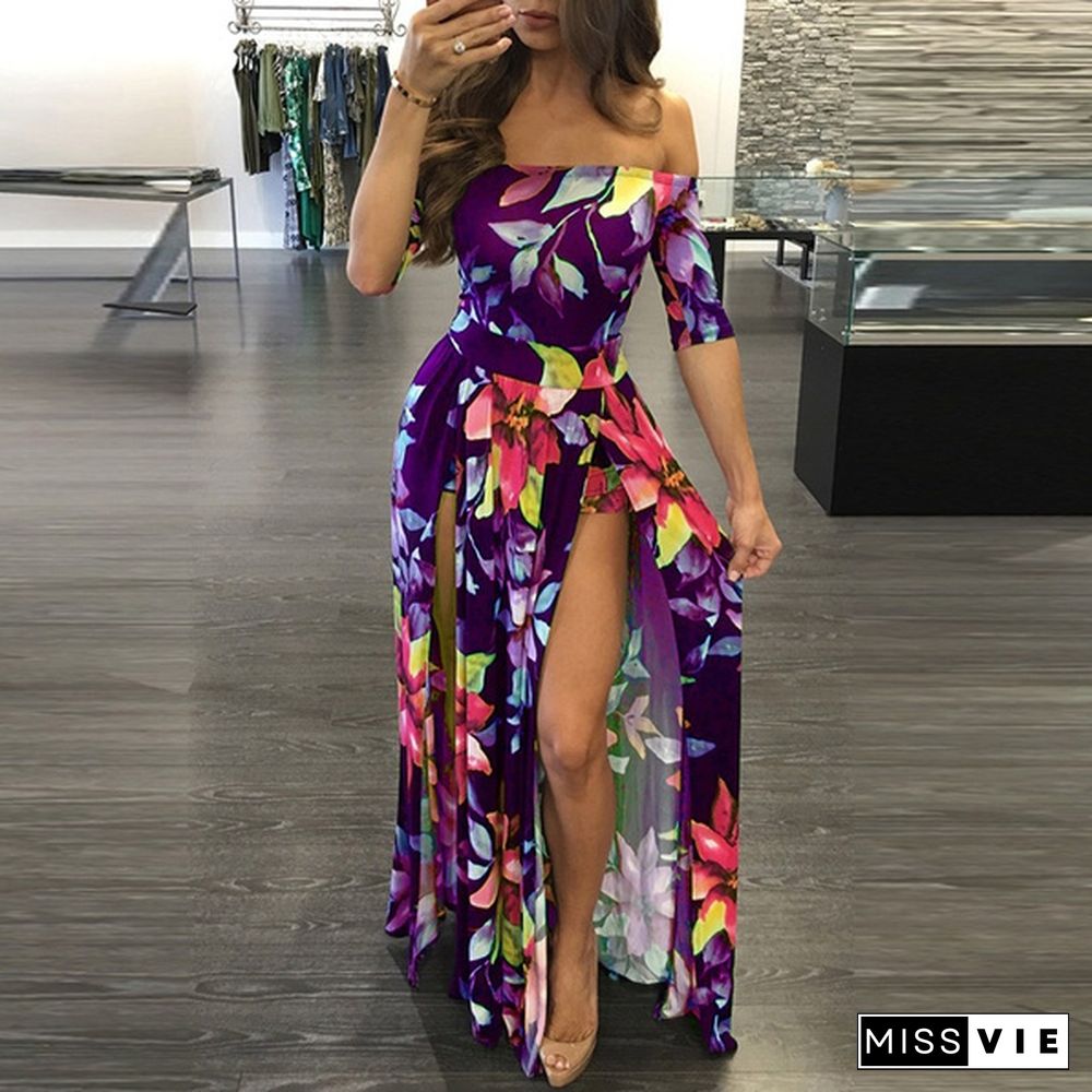 High Slit Off Shoulder Floral Maxi Dress