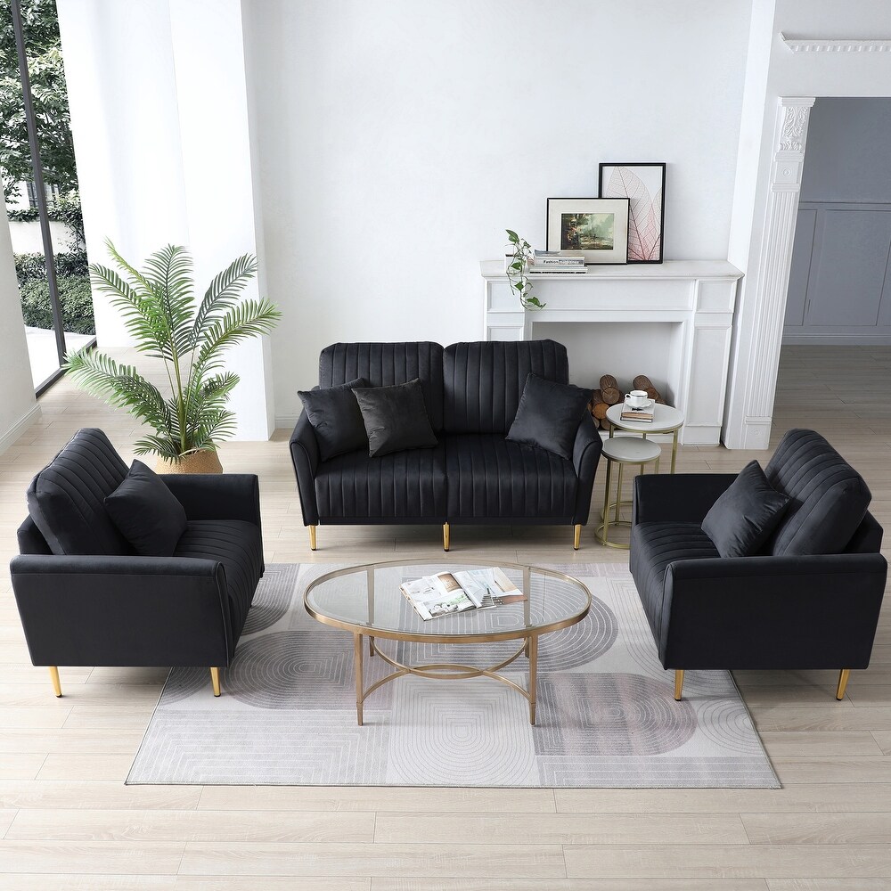 Black Modern Luxurious Velvet Sofa Set with Removable Tufted Cushions  Loveseat + 2 Armchair + 4 Pillows