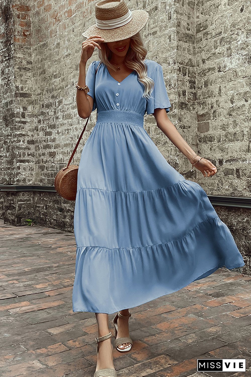 Blue V Neck Button Down High Waist Tiered Maxi Dress