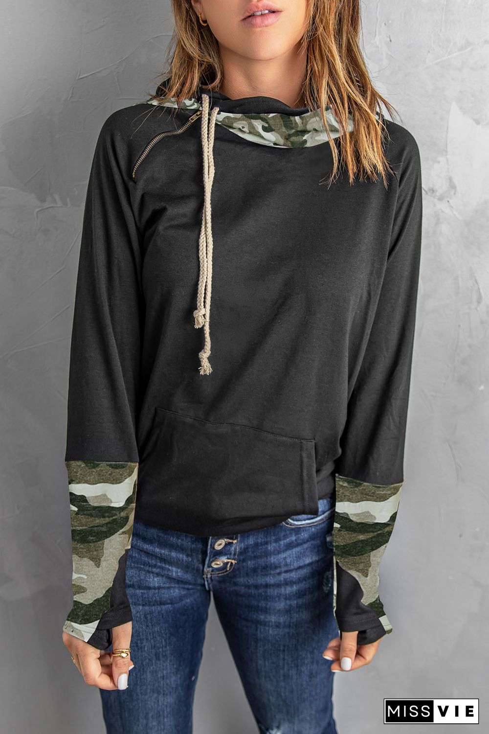 Camo Print Double Hoods Thumb Hole Hoodie