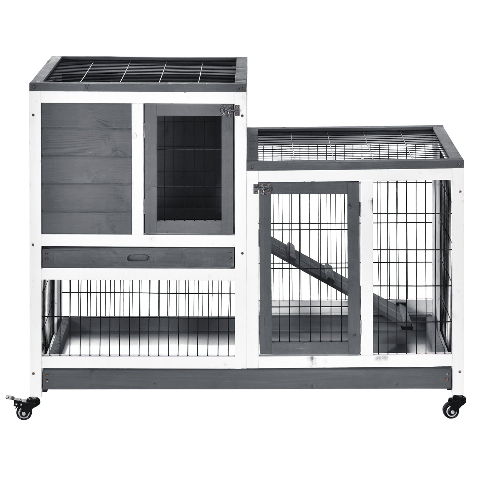 PawHut Wooden Indoor Rabbit Hutch Elevated Bunny Cage with Enclosed Run W/Wheel