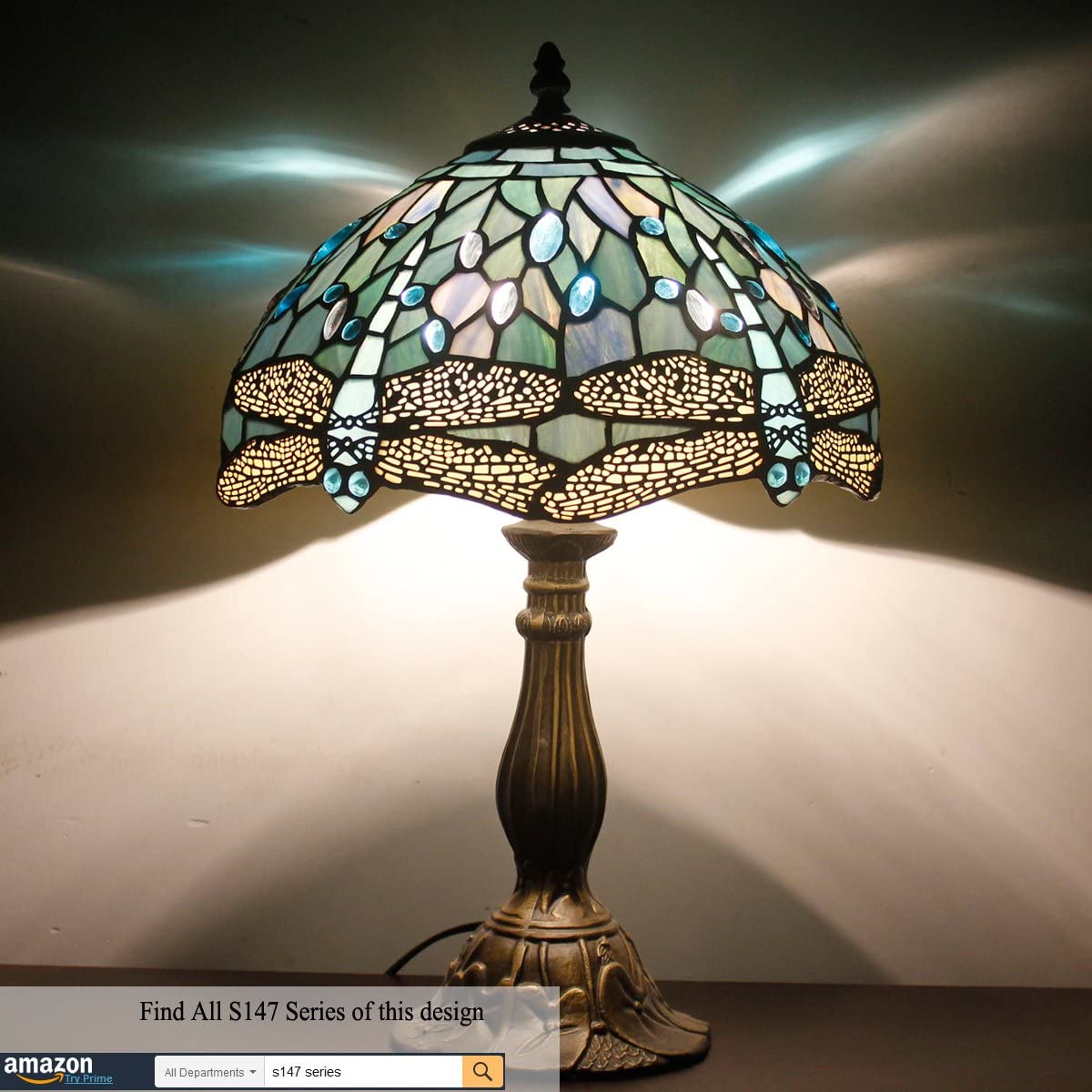 SHADY Tiffany Lamp Sea Blue Stained Glass Table Lamp 12X12X18 Inches Dragonfly Style Desk Reading Light Decor Beside Bedroom Living Room Home Office S147 Series