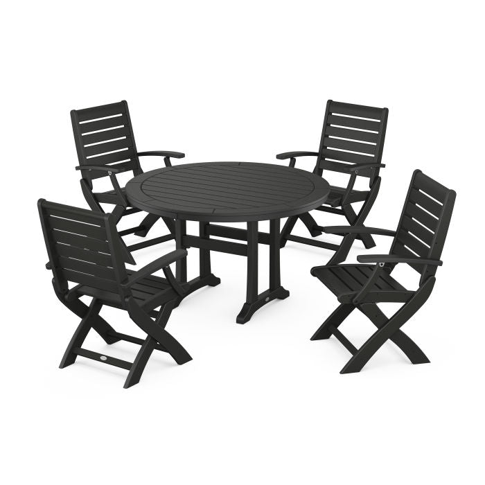 Polywood Signature Folding Chair 5-Piece Round Dining Set with Trestle Legs PWS1130-1