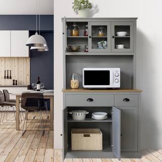 VEIKOUS 71 in. H Gray Kitchen Pantry Hutch Cabinet Storage with Buffet Cupboard Microwave Stand and Adjustable Shelves HP0405-03GY